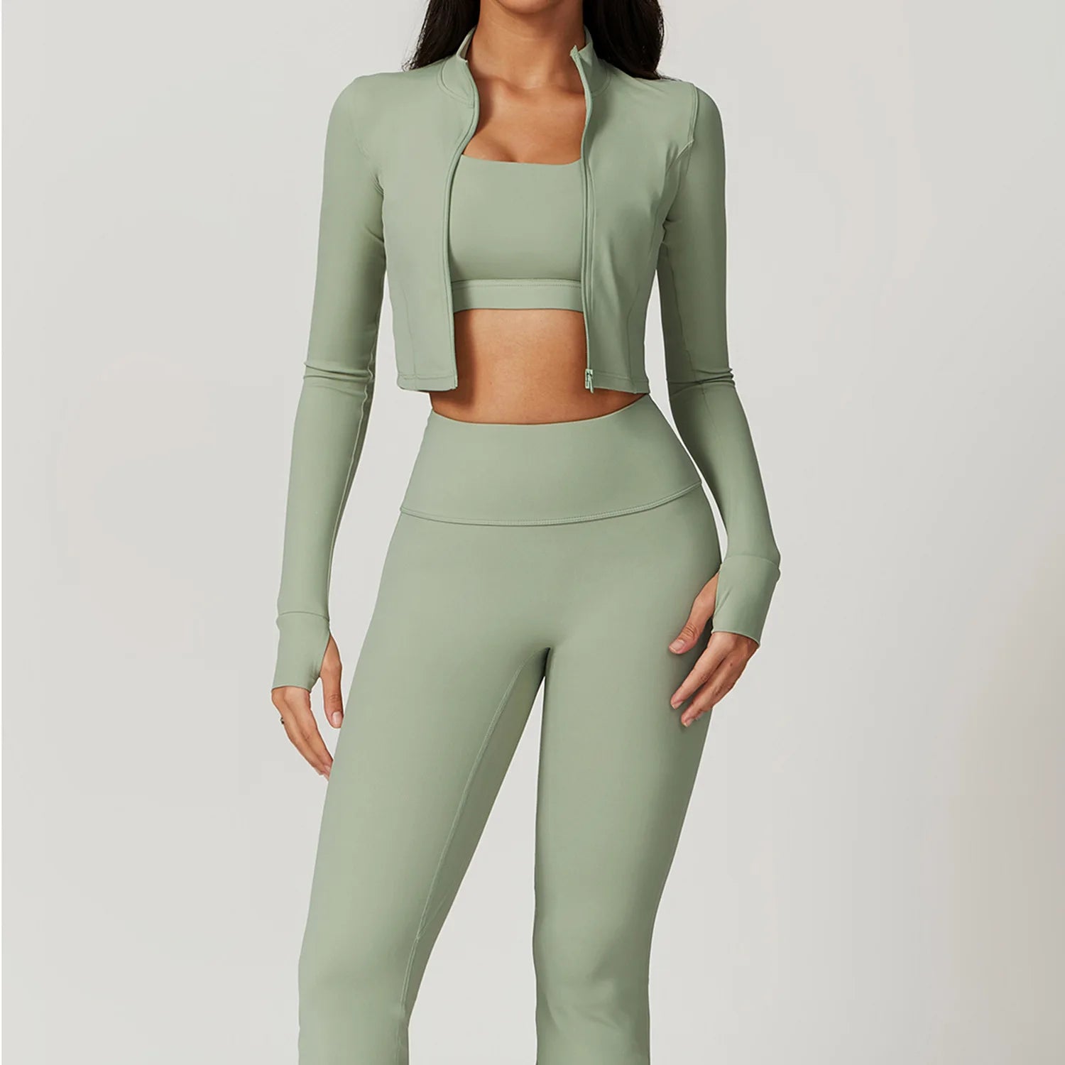 Workout Outfit Active Wear 3 Pieces Workout Clothes For Women Sports Bra High Waist Gym Leggings Long-Sleeved Fitness Sportswear