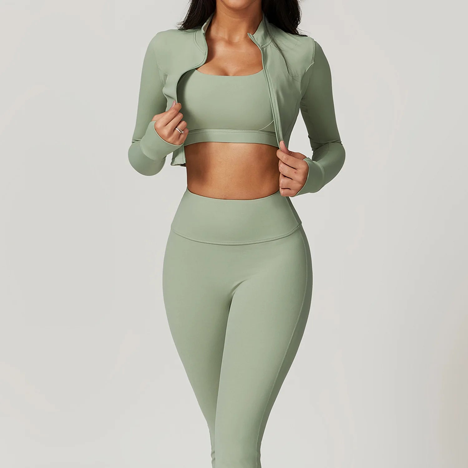 Workout Outfit Active Wear 3 Pieces Workout Clothes For Women Sports Bra High Waist Gym Leggings Long-Sleeved Fitness Sportswear