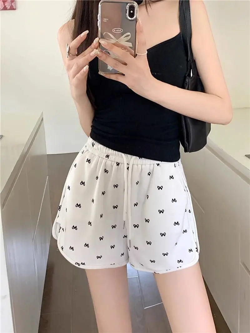 Shorts for Women Black Print Kawaii Short Pants Woman Elastic Waist Wide Cute Elasticty Harajuku Fashion Flowy Wholesale Elegant