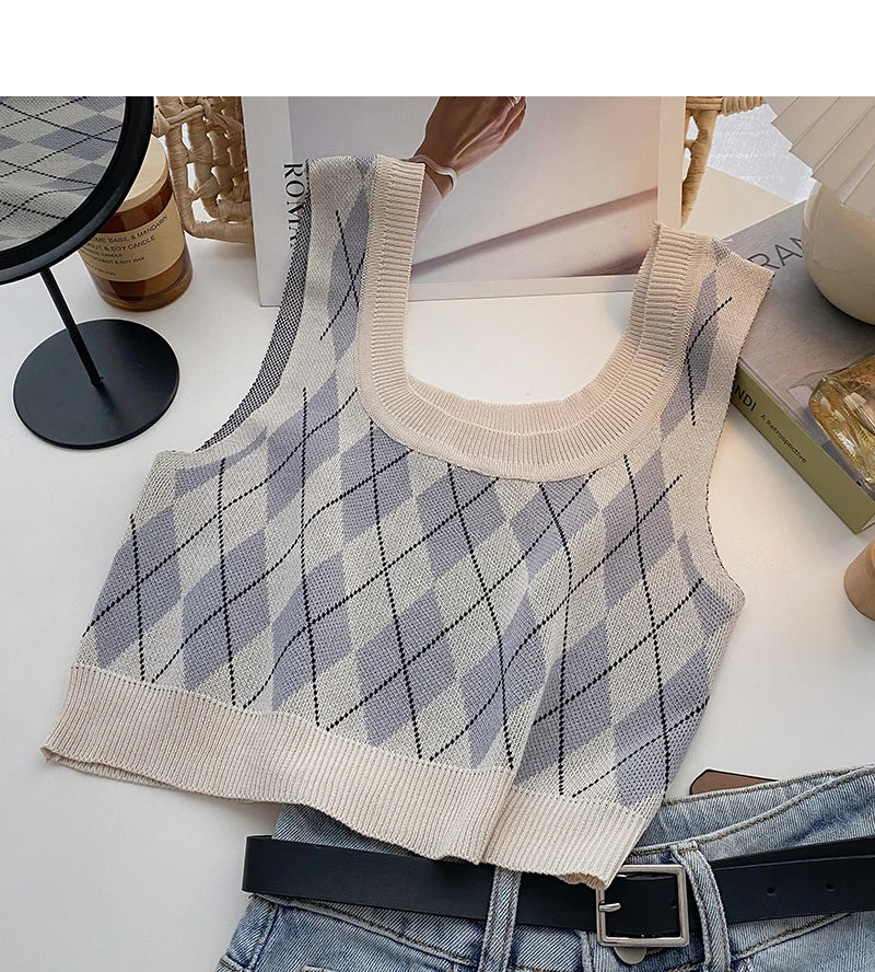 HELIAR Women Plaid Tank Tops Backless Cute Camis Female Crop Tops Knitted Tops Women Crop Tank Tops 2025 Summer