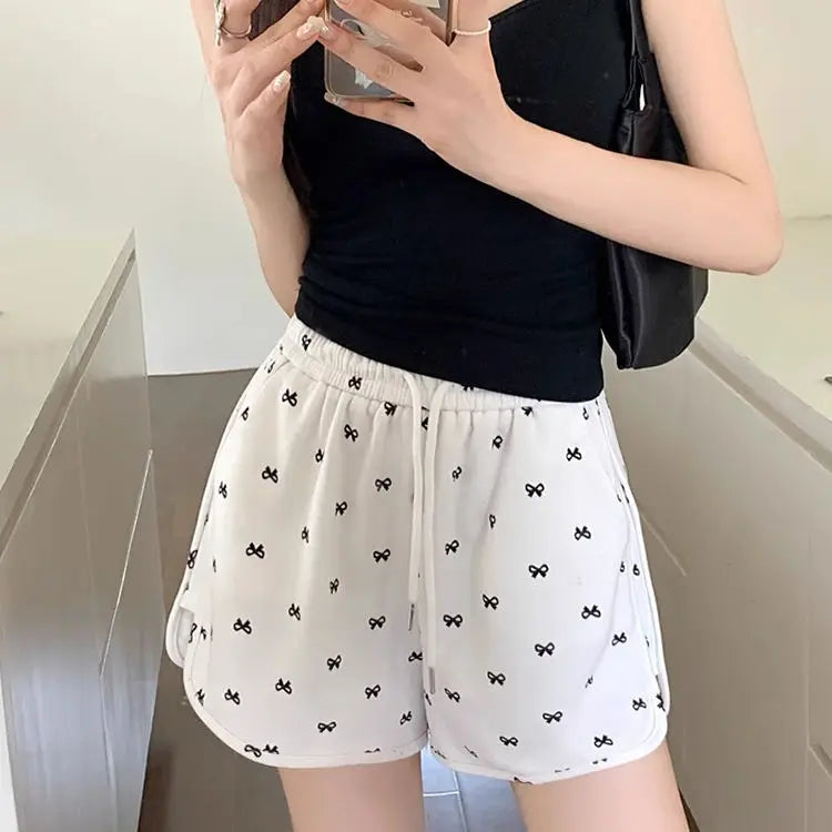 Shorts for Women Black Print Kawaii Short Pants Woman Elastic Waist Wide Cute Elasticty Harajuku Fashion Flowy Wholesale Elegant