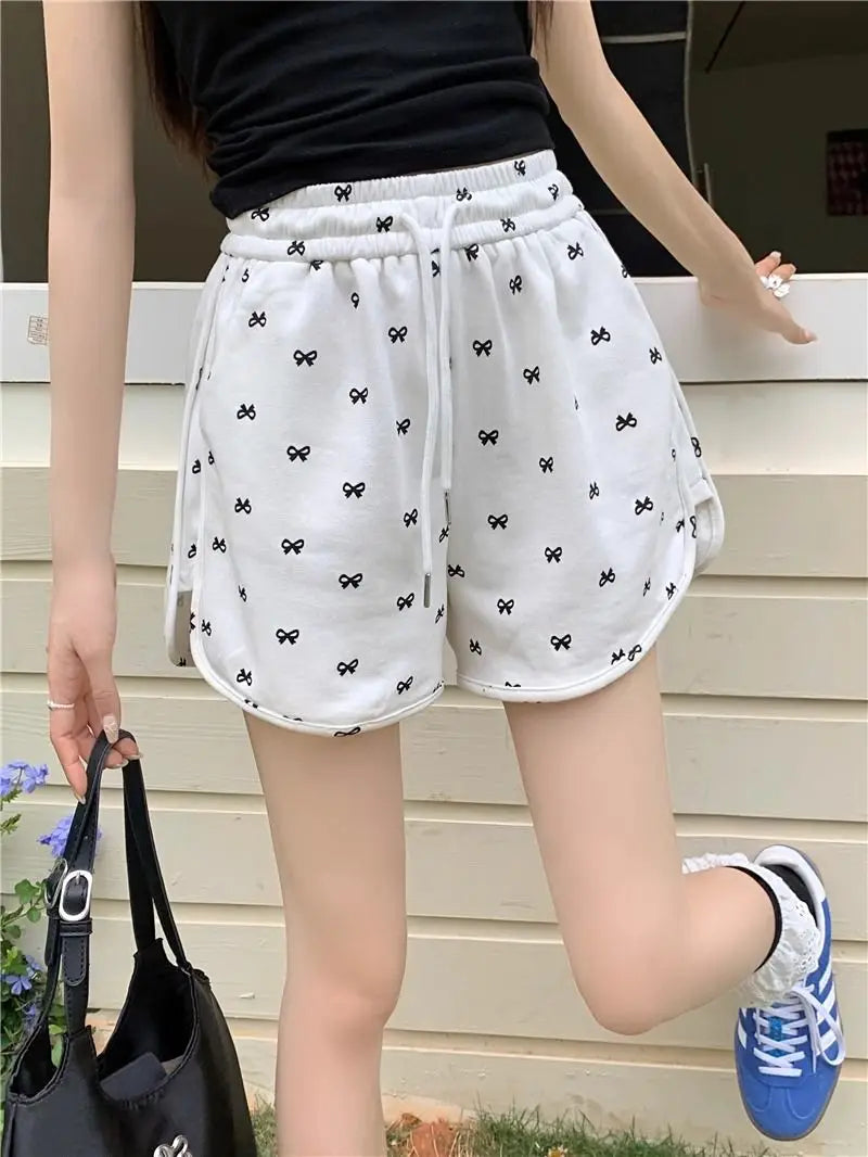 Shorts for Women Black Print Kawaii Short Pants Woman Elastic Waist Wide Cute Elasticty Harajuku Fashion Flowy Wholesale Elegant