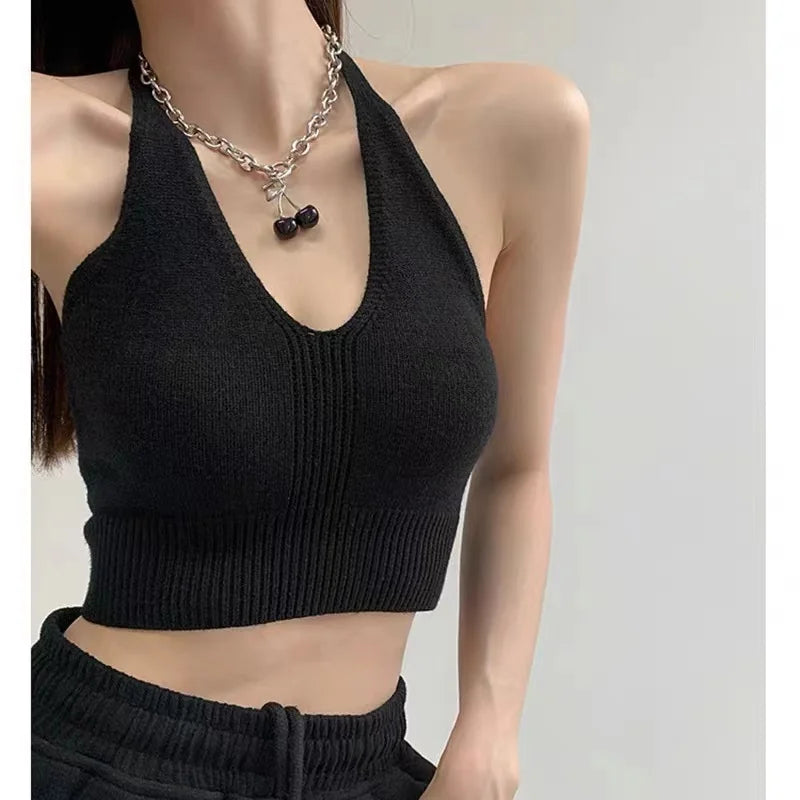 HELIAR Women V-Neck Sexy Tops Cross Halter Tops Knitted Y2K Tops Women Solid Crop Tops Women Camis INS Hot Tops 2025 Summer