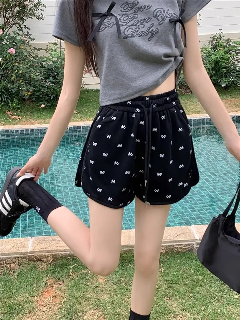 Shorts for Women Black Print Kawaii Short Pants Woman Elastic Waist Wide Cute Elasticty Harajuku Fashion Flowy Wholesale Elegant