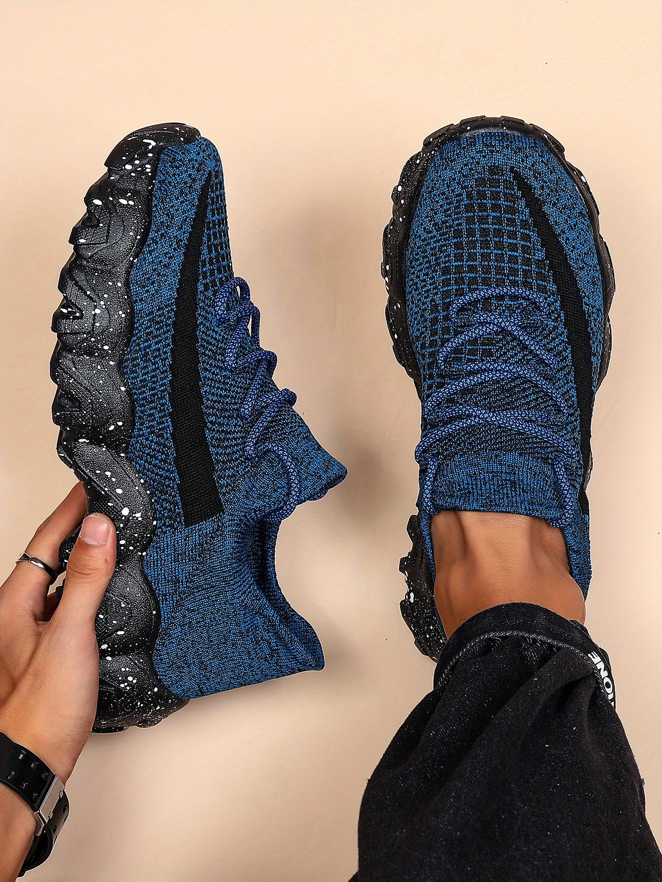 Men's Casual Sneakers - Geometric Pattern, Breathable Knit Upper, Lace-Up Closure, Durable Rubber Sole, Comfortable Fabric Lining for Spring Sports & Casual Attire, Athletic Footwear | Geometric Pattern Shoes | Knit Construct