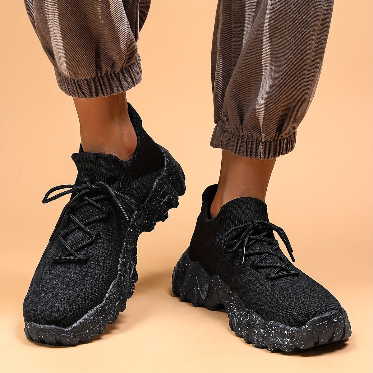 Men's Casual Sneakers - Geometric Pattern, Breathable Knit Upper, Lace-Up Closure, Durable Rubber Sole, Comfortable Fabric Lining for Spring Sports & Casual Attire, Athletic Footwear | Geometric Pattern Shoes | Knit Construct