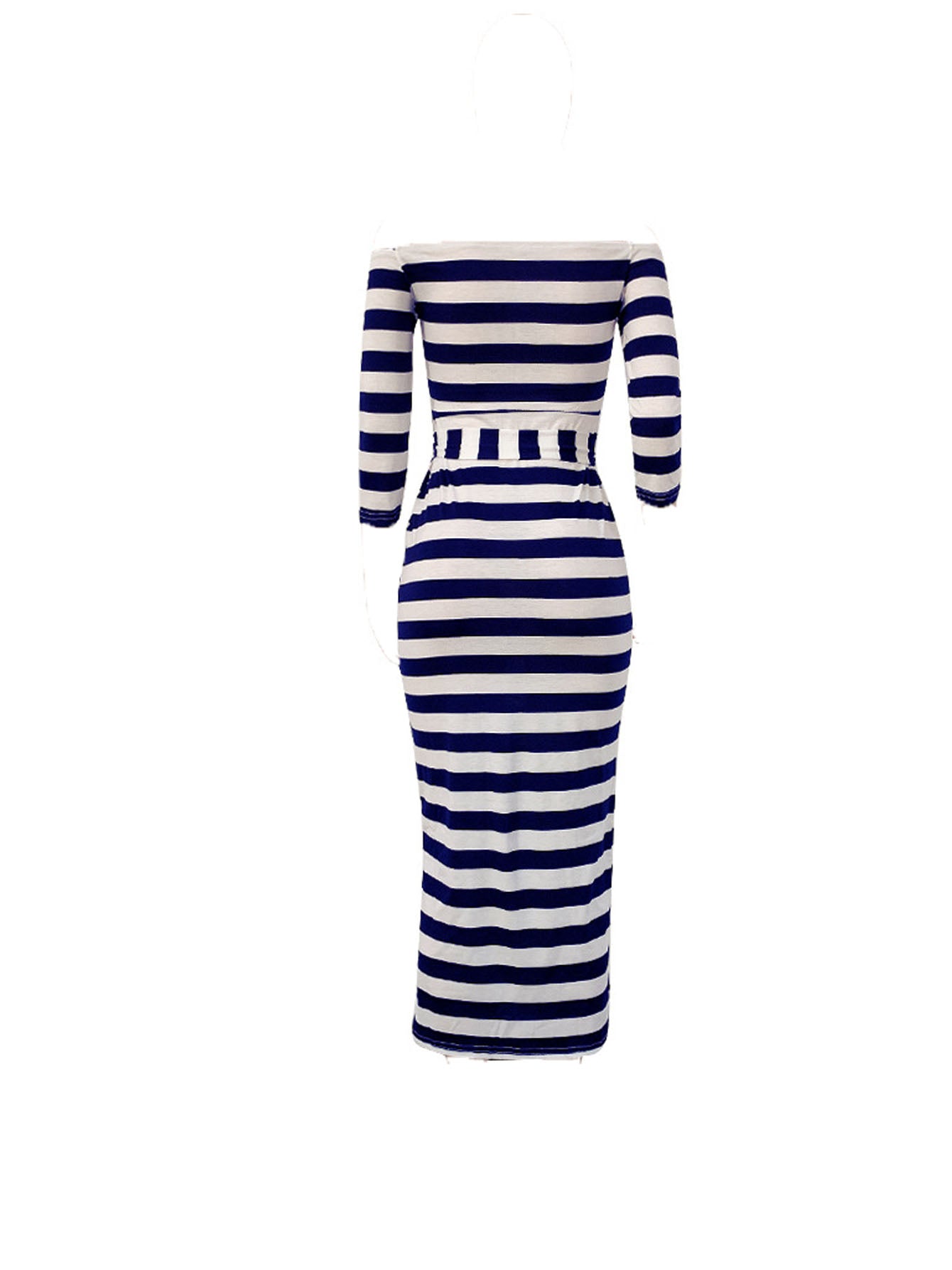 [Off Shoulder Striped Dress] Stretchy Off Shoulder Striped Dress - Casual Long Sleeve Every Day Dress for Women