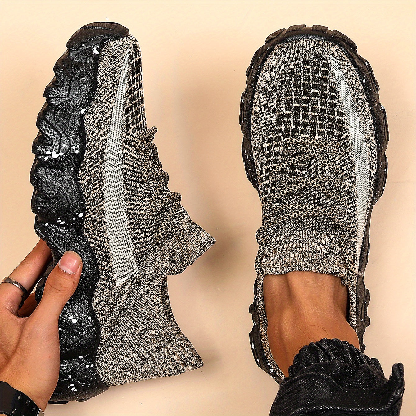 Men's Casual Sneakers - Geometric Pattern, Breathable Knit Upper, Lace-Up Closure, Durable Rubber Sole, Comfortable Fabric Lining for Spring Sports & Casual Attire, Athletic Footwear | Geometric Pattern Shoes | Knit Construct
