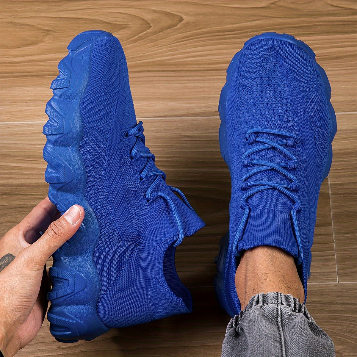 Men's Casual Sneakers - Geometric Pattern, Breathable Knit Upper, Lace-Up Closure, Durable Rubber Sole, Comfortable Fabric Lining for Spring Sports & Casual Attire, Athletic Footwear | Geometric Pattern Shoes | Knit Construct