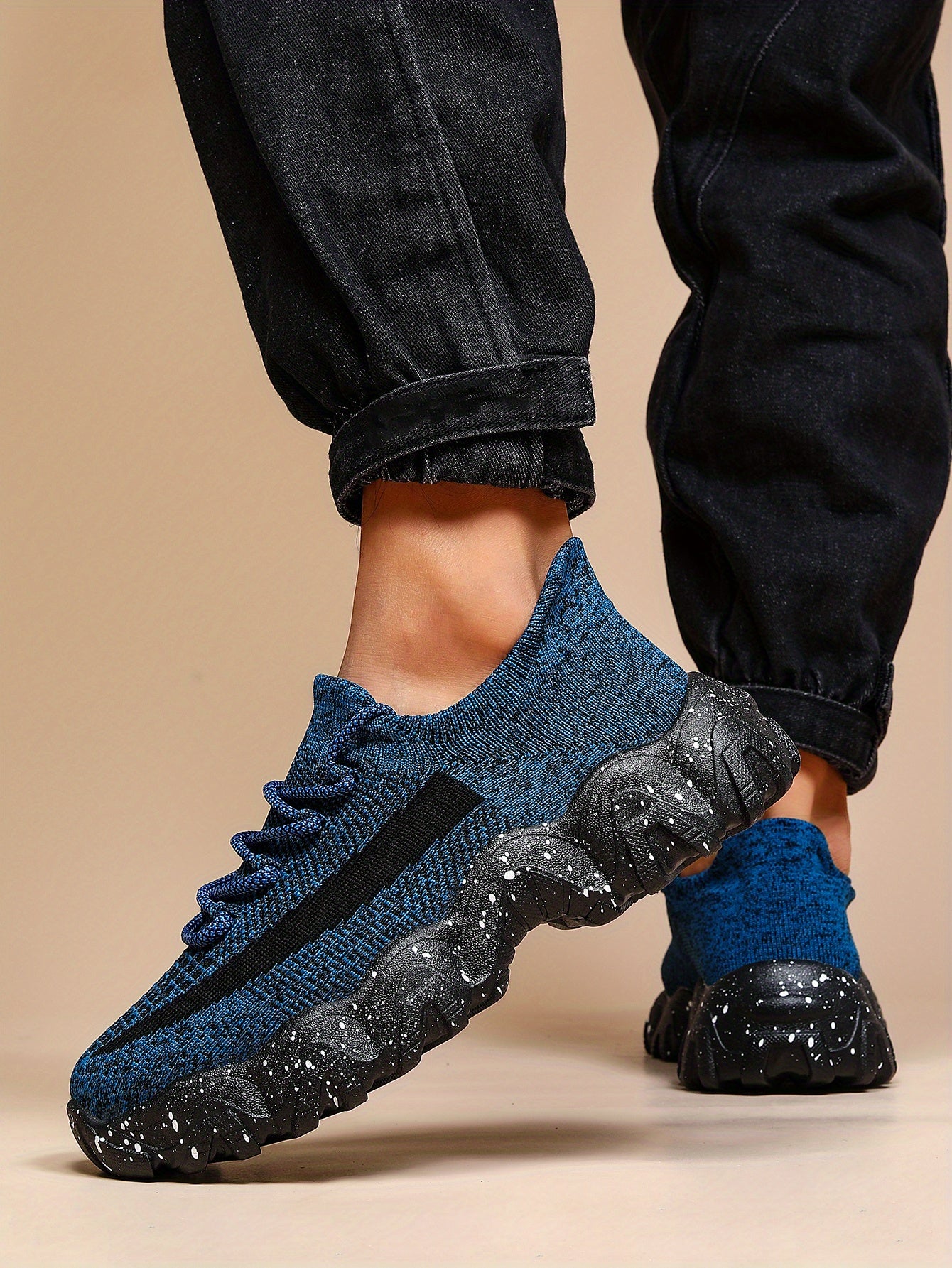Men's Casual Sneakers - Geometric Pattern, Breathable Knit Upper, Lace-Up Closure, Durable Rubber Sole, Comfortable Fabric Lining for Spring Sports & Casual Attire, Athletic Footwear | Geometric Pattern Shoes | Knit Construct