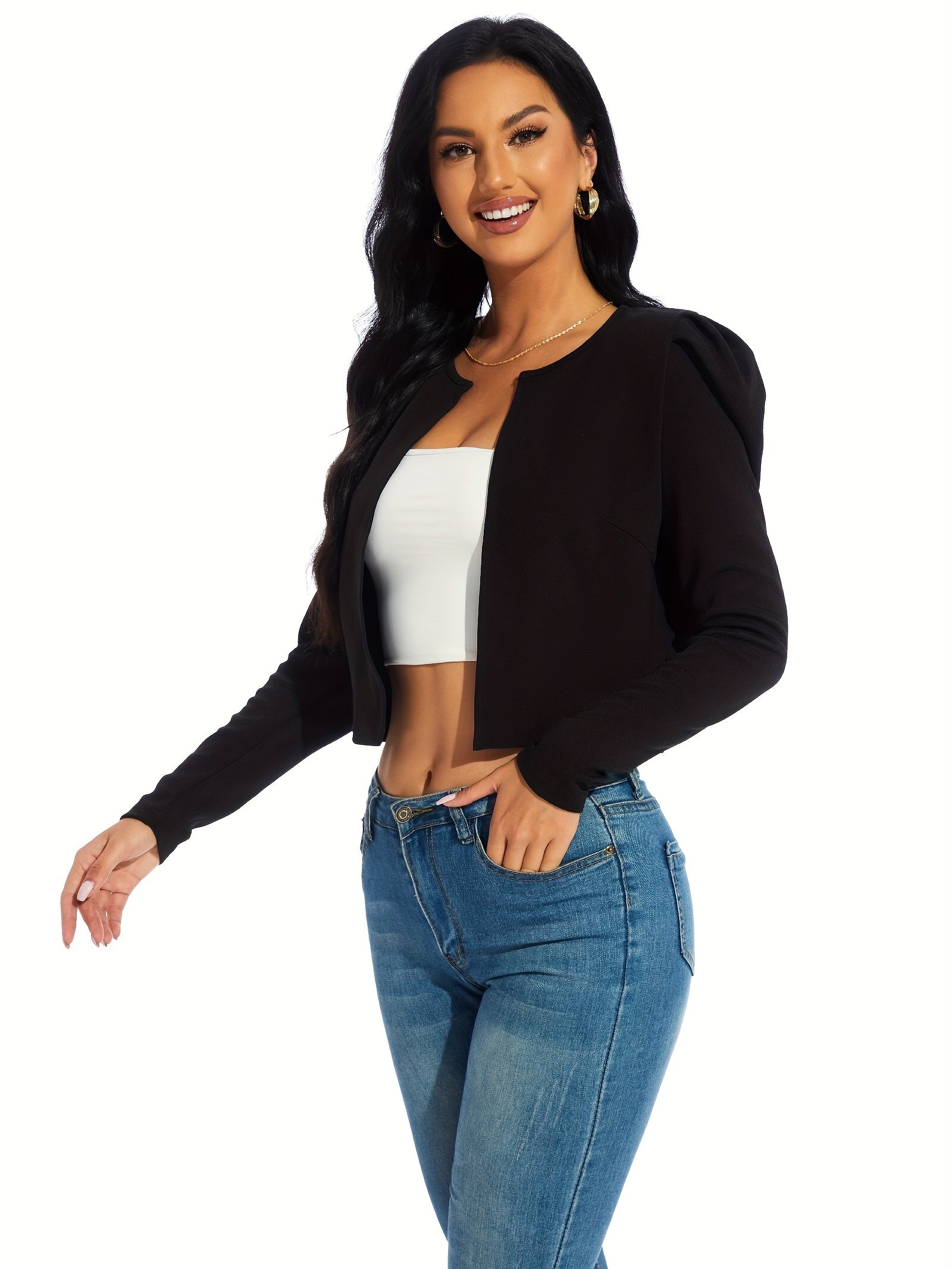 Gigot Sleeve Open Front Crop Jacket, Solid Casual Short Jacket, Women's Clothing