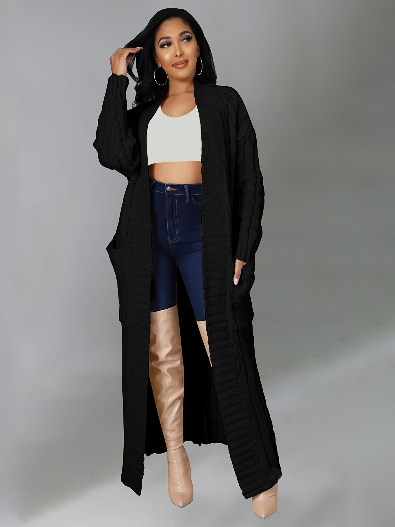 [Elegant Brown Cardigan] Plus Size Women's Elegant Long Sleeve Cardigan | Oversized Solid Brown Sweater with Contrast Collar | Thick & Comfortable Fall/Winter Layering Piece | 2022 Autumn Winter Apparel | Construction, Sweate