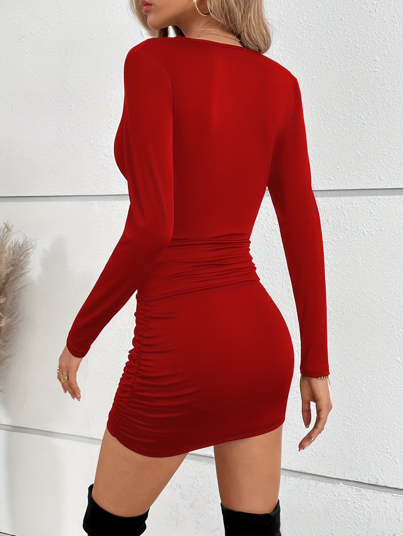 Ladies Sexy Ruched Ruffle Skinny Dresses, Sexy Solid Stretchy Long Sleeve V Neck Dresses, Women's Clothing