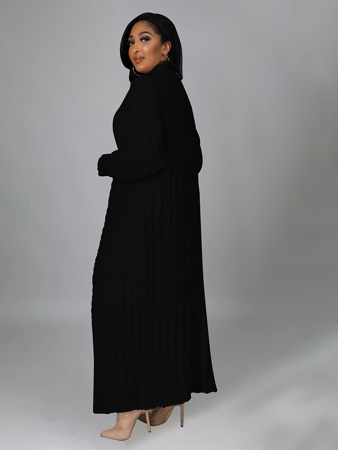 [Elegant Brown Cardigan] Plus Size Women's Elegant Long Sleeve Cardigan | Oversized Solid Brown Sweater with Contrast Collar | Thick & Comfortable Fall/Winter Layering Piece | 2022 Autumn Winter Apparel | Construction, Sweate