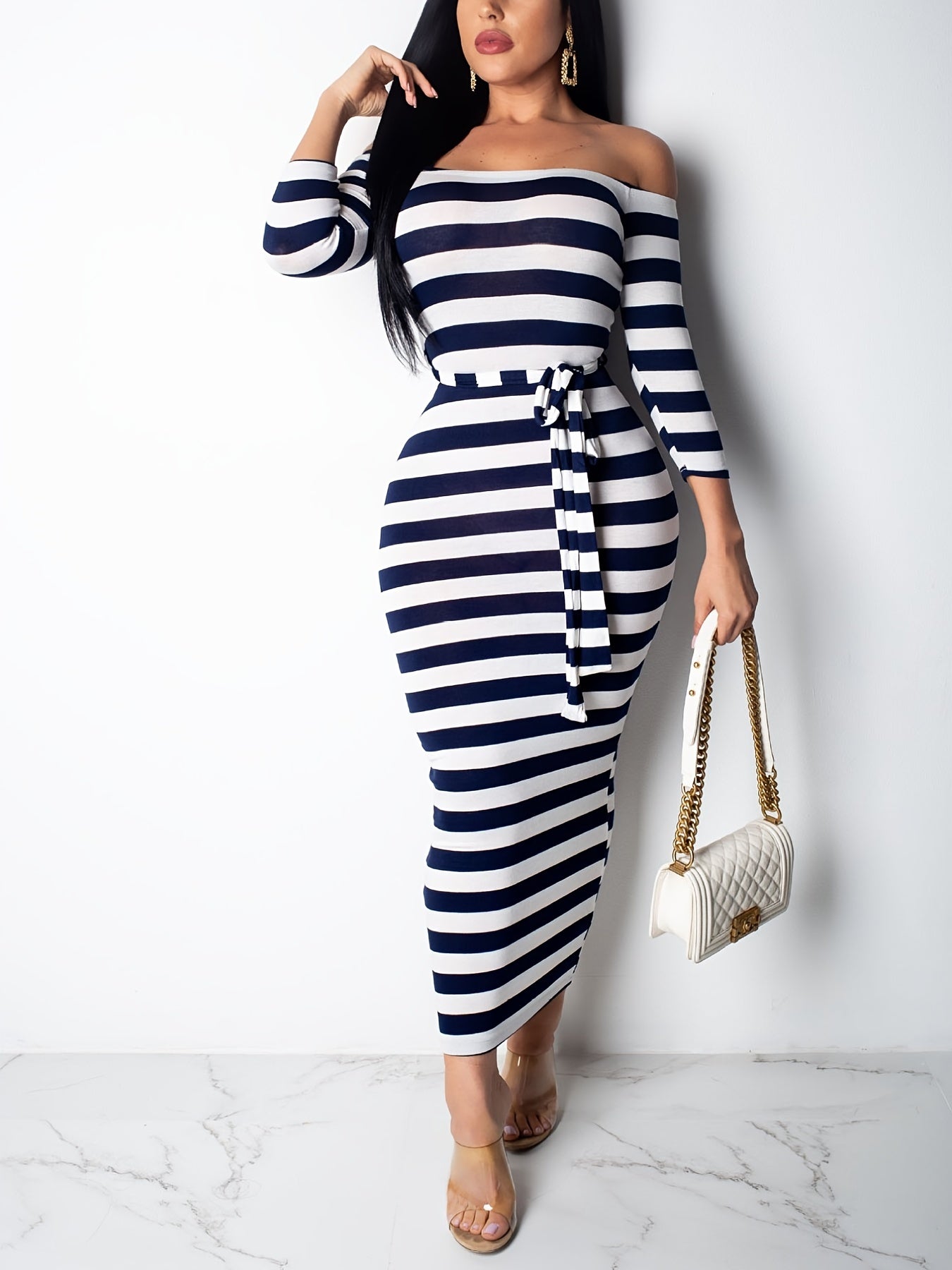 [Off Shoulder Striped Dress] Stretchy Off Shoulder Striped Dress - Casual Long Sleeve Every Day Dress for Women