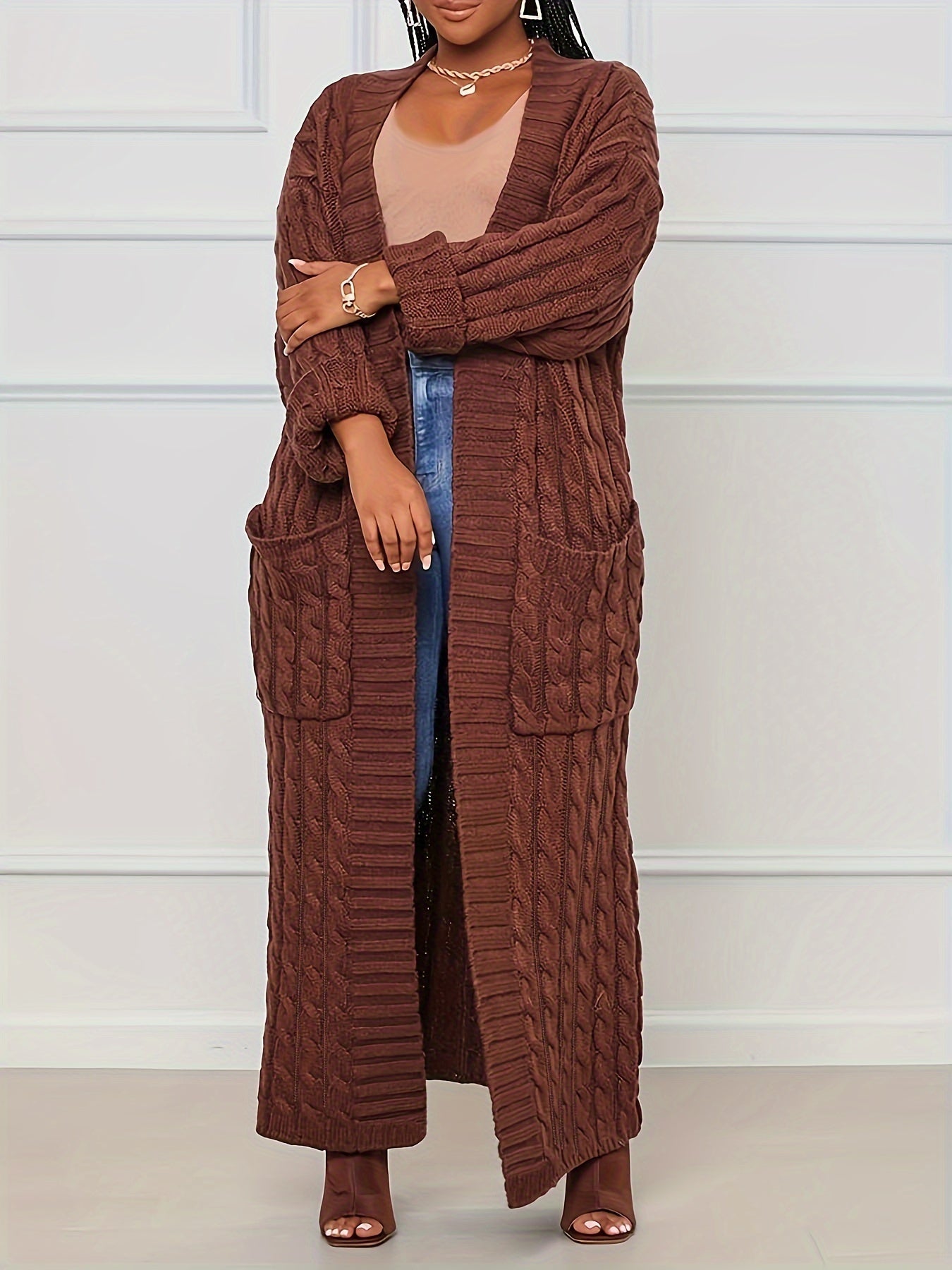 [Elegant Brown Cardigan] Plus Size Women's Elegant Long Sleeve Cardigan | Oversized Solid Brown Sweater with Contrast Collar | Thick & Comfortable Fall/Winter Layering Piece | 2022 Autumn Winter Apparel | Construction, Sweate