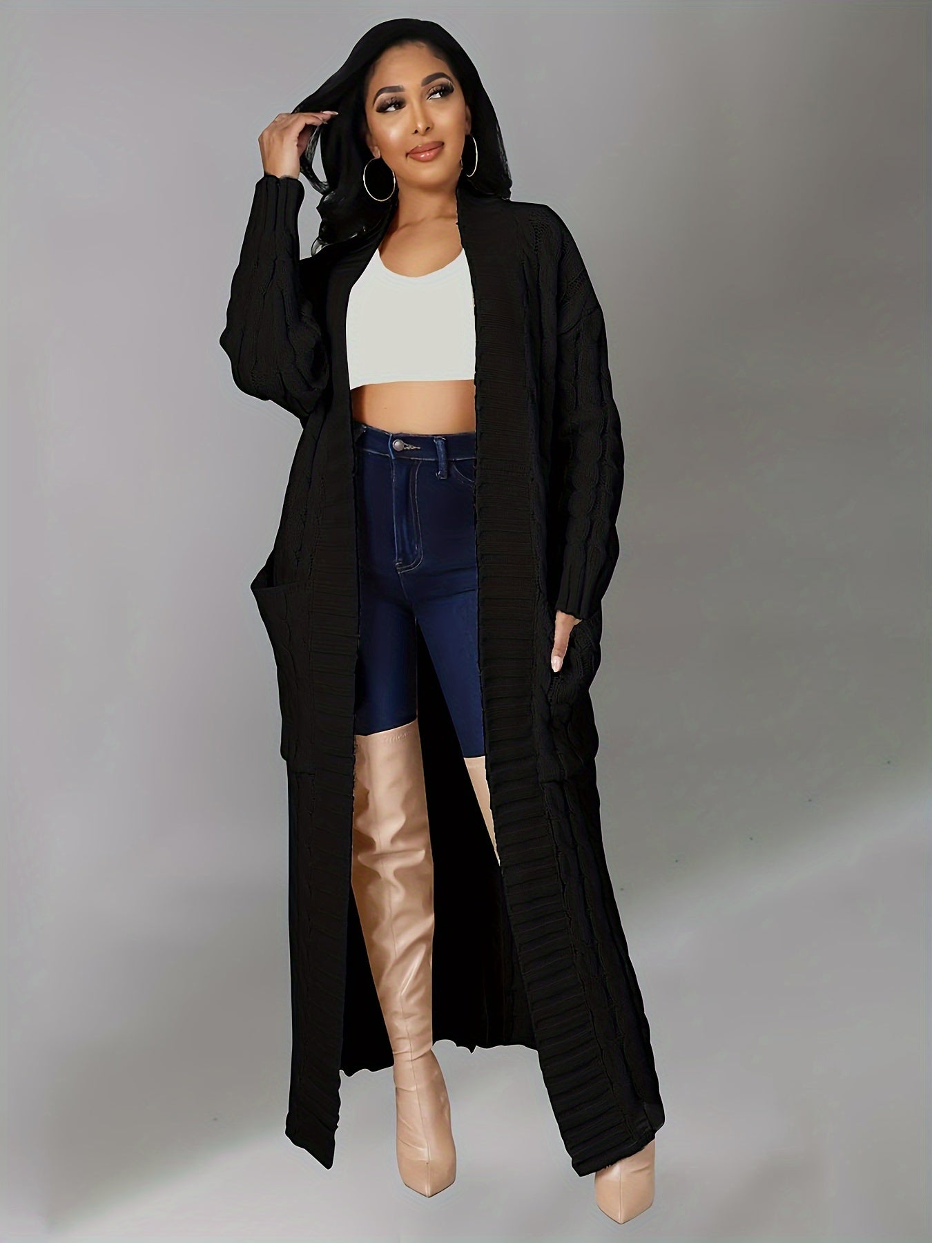 [Elegant Brown Cardigan] Plus Size Women's Elegant Long Sleeve Cardigan | Oversized Solid Brown Sweater with Contrast Collar | Thick & Comfortable Fall/Winter Layering Piece | 2022 Autumn Winter Apparel | Construction, Sweate