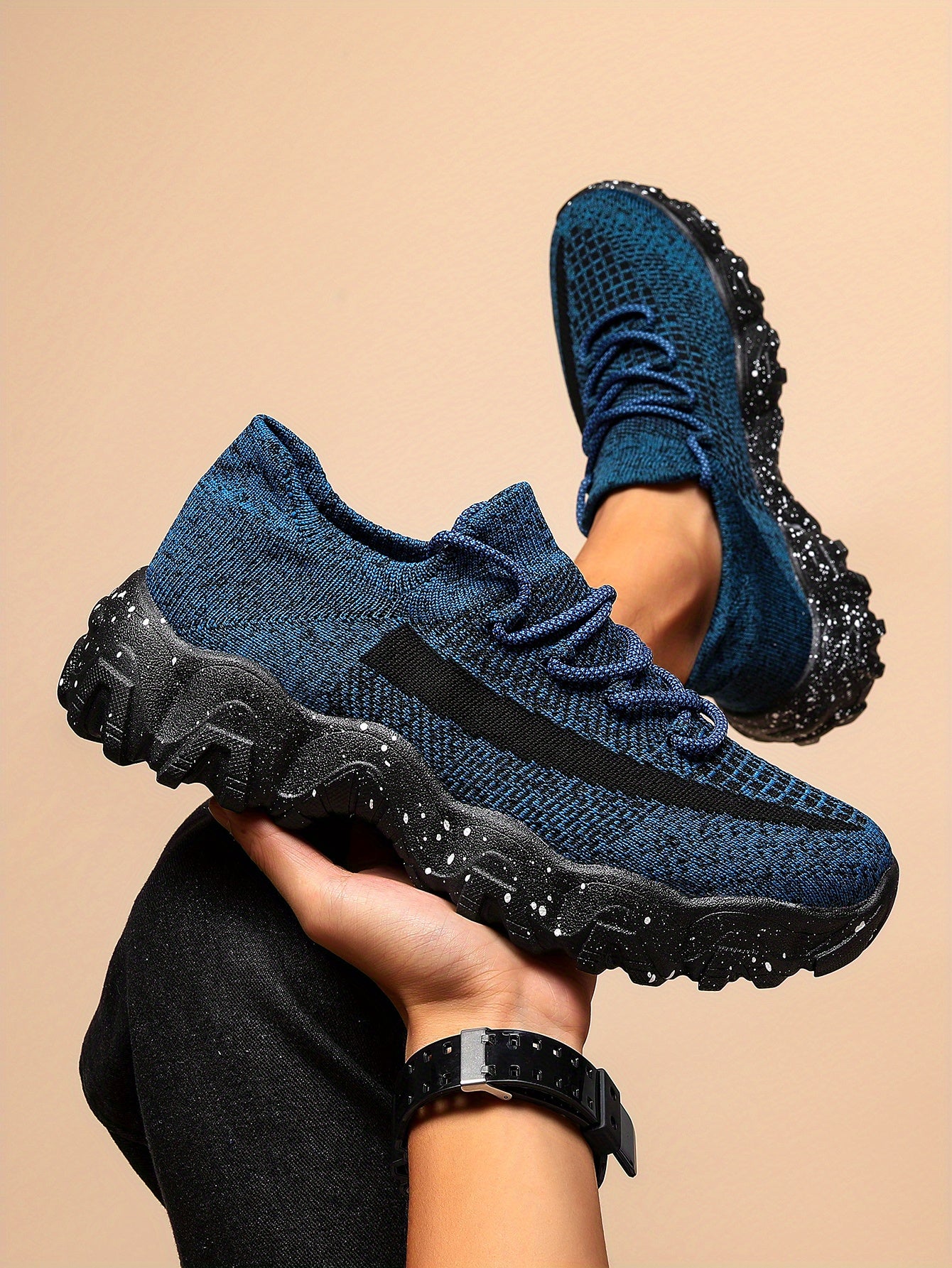 Men's Casual Sneakers - Geometric Pattern, Breathable Knit Upper, Lace-Up Closure, Durable Rubber Sole, Comfortable Fabric Lining for Spring Sports & Casual Attire, Athletic Footwear | Geometric Pattern Shoes | Knit Construct