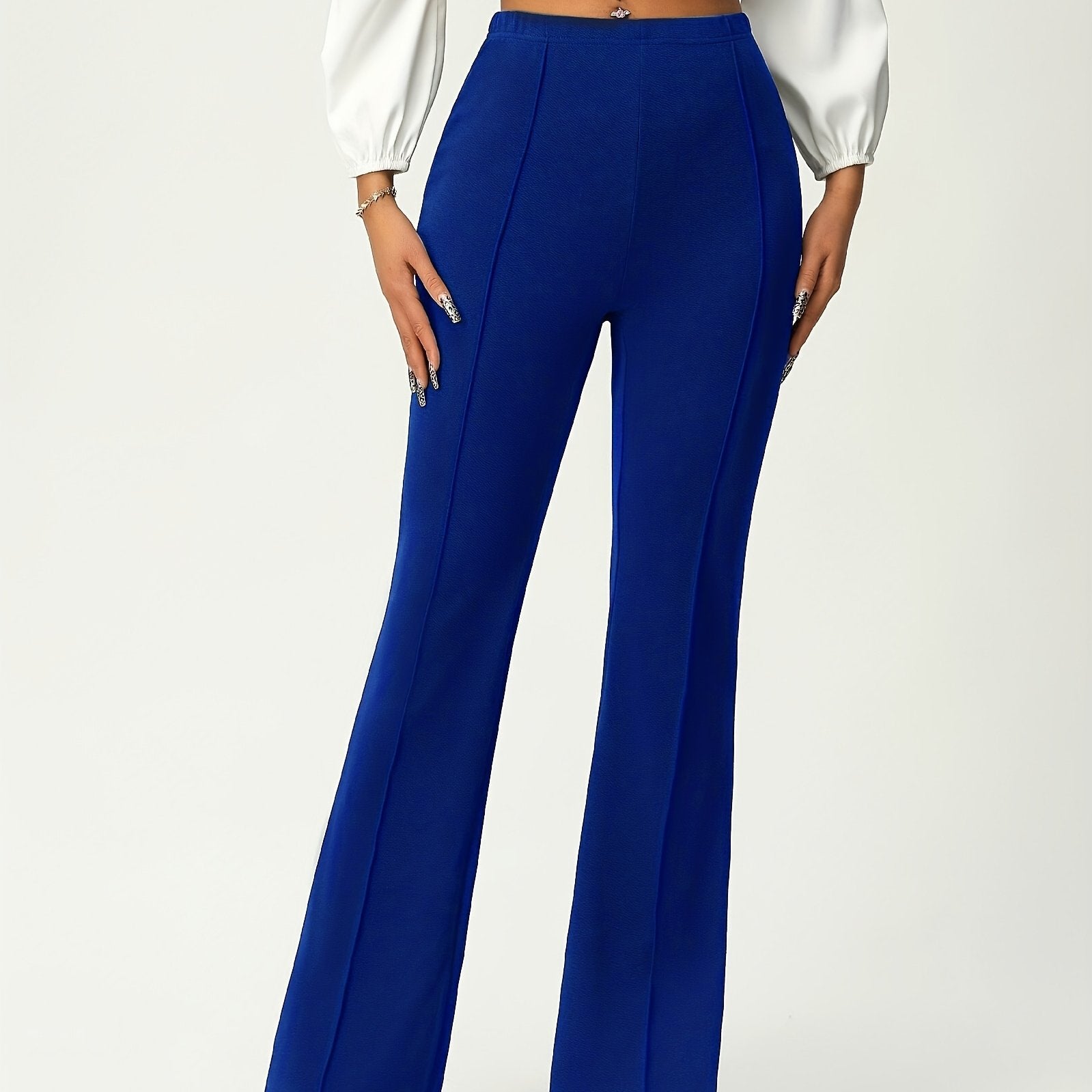 [Vibrant Flare Pants] Vibrant Blue Women's High-Waist Flare Pants | Elastic Waist, Wide-Leg Design, Comfortable Fashion, Perfect for Casual Outings - Flared Leg Pants